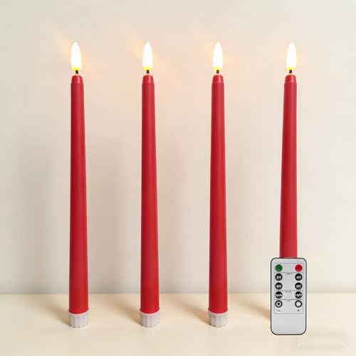 Image of Red Flameless Taper Candles with Remote, Flickering Battery LED Candlesticks Decor Set of 4