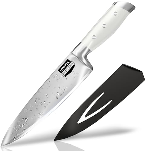 Utopia Kitchen 9 inch Chef Kitchen Knife Cooking Knife Carbon Stainless Steel Kitchen Knife with Sheath and Ergonomic Handle - Chopping Knife for Professional Use (White)