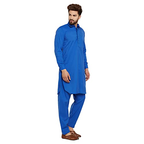 Image of SOJANYA (Since 1958, Men's Royal Blue Cotton Blend Pathani Kurta & Salwar Set, Size: L(SJR-160-40)