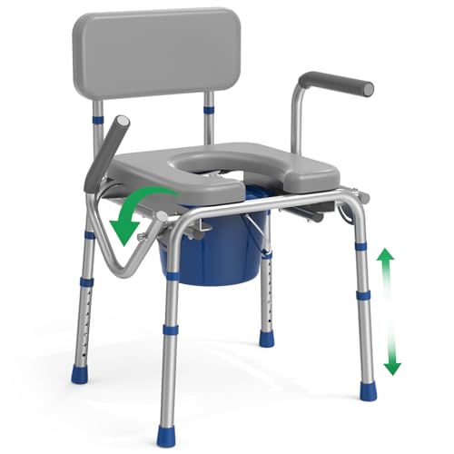 Loyoda Drop Arm Bedside Commode, Commode with Padded Seat and Backrest, 500lbs Capacity, 5.81QT Removable Bucket, Adjustable Height Portable Toilet for Adults, Gray
