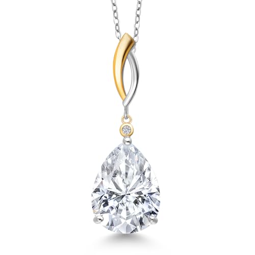 Gem Stone King 925 Silver and 10K Yellow Gold White Moissanite and White Lab Grown Diamond Pendant Necklace for Women | 9.19 Cttw | Pear Shape 16X12MM | With 18 Inch Chain