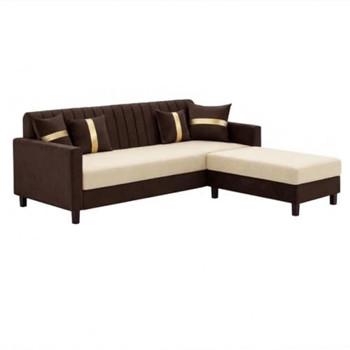 Image of CASASTYLE Korion 4 Seater L Shape Sofa Set with Movable Ottoman | Flexible Left or Right Layout | Cozy Velvet Fabric | Soft Touch Seating | Modern Designer Sofa for Living Room (Dark Brown-Cream)