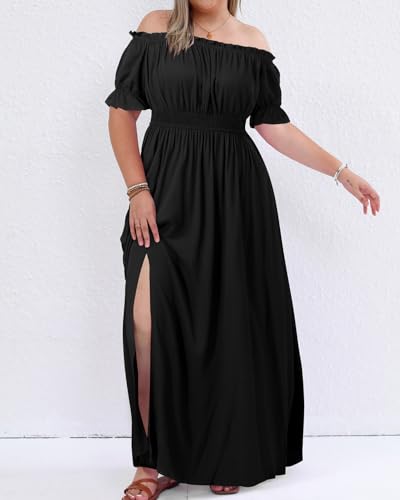 Image of Holipick Women's Off The Shoulder Boho Dress Plus Size Floral Smocked Waist Split Summer Maxi Sundress with Pockets