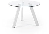 Kave Home - Mesa de Comedor Carib Redonda Ø 110 con sobre de Cristal Transparente y Patas de Acero Cromado en Blanco