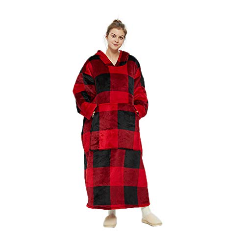 Hoodie Blanket, Oversized Long Blanket Sweatshirt with Sherpa Fleece,Deep Front Pockets -Thick Giant Hooded Robe Pullover, Tv Lazy Proof Warm Wearable Blanket Pajama for Adult Women Men (Red Plaid)