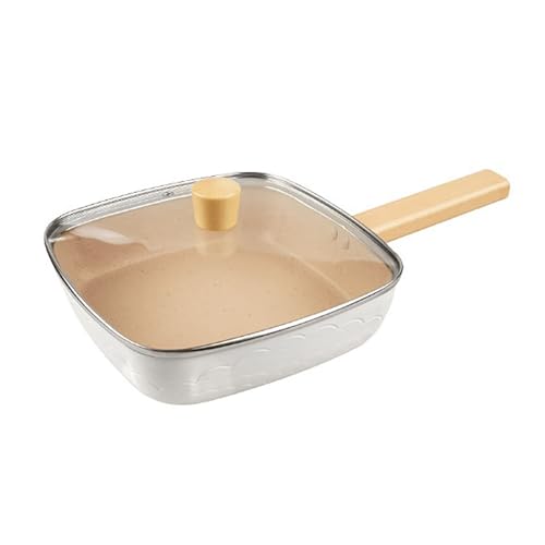 SUAREA Multi-Purpose Square Sauté Pans with Glass Lid, Non-stick Surface, Wooden Handle, 9.5 Inch Square Frying Pan for Stir-Fry, Steak, Boiling Noodles (white, Regular)