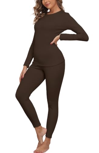 GRECERELLE Thermal Underwear for Women Base Layer Pajama Set, Dark Brown-M
