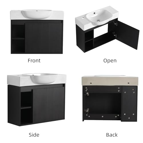 Image of 26 inch Wall Mounted Bathroom Vanity with Integrated Ceramic Sink, Modern Floating Bathroom Cabinet with Soft-Close Door & 2 Open Storage Shelves, Small Bath Vanity Set, Easy to Clean, Dark Oak