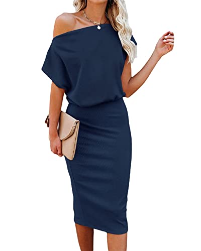 Image of EZBELLE Women's Summer Dress Off The Shoulder Short Sleeve Ribbed Casual Party Bodycon Midi Dresses