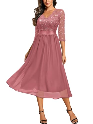 Miusol Women's Elegant V Neck Sequin Lace Sleeve Bridesmaid Party A-line Dress
