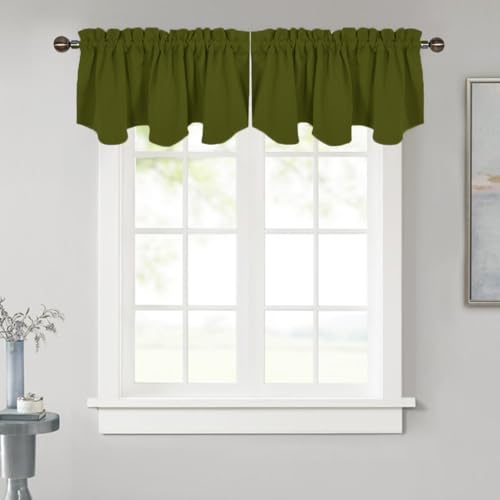 NICETOWN Small Window Curtain Valance - Farmhouse 52 inches by 18 inches Thermal Insulated Scalloped Rod Pocket Valance for Boy Bedroom/Living Room/Kitchen Window Christmas Decor, Olive, 1 Panel