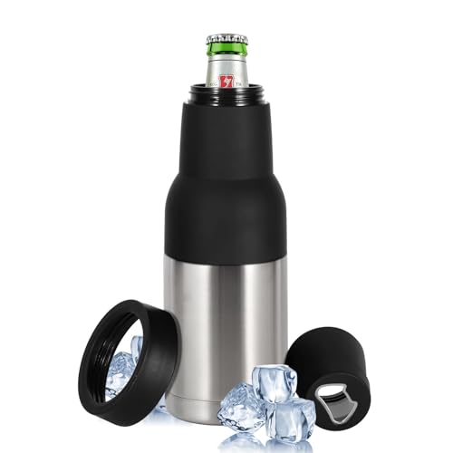 Hgkeke 12oz Universal Beer Bottle Holder Double Walled SS Beer Bottle Cooler 3 in 1 Can Koozie with Beer Opener Vacuum Insulated - fit Fishing,Camping Outdoor Activities and Nice Gift for Men(Silver)