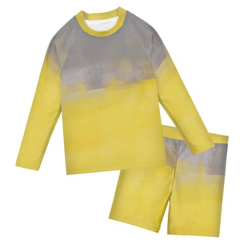 Aflyko Kids' Bathing Suit Set Grey Yellow Long Sleeve Swim Tops with Shorts Summer Vacation Pool Party Rashguard Fun Cute Infant Beachwear, 4T