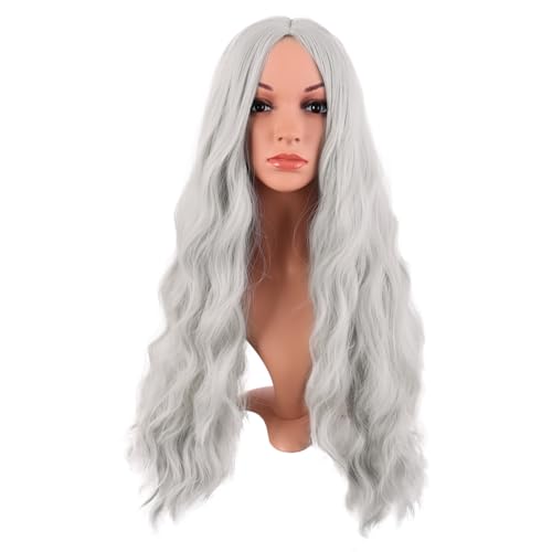 MapofBeauty 28 Pulgada/70 cm Largo Wavy Pelucas Middle Part Sintética Fibras Rizo Cabello Reemplazo Peluca Para Fiesta de Cosplay Diario (Plata)