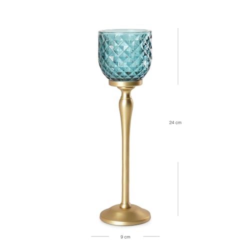 Image of Pure Home Teal Diamond Cut Hurricane - Large| Size: 9 x 9 x 24 cm| Premium Hurricanes for Home Decor| Living Room & Decor Showpiece| Ideal for Diwali & Festive Gifting| Pack of 1| Perfect for Living