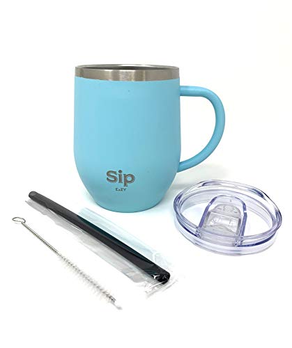 TURQUOISE Double Walled Stainless Steel Insulated MUG/CUP with HANDLE & LID 12oz- Keeps