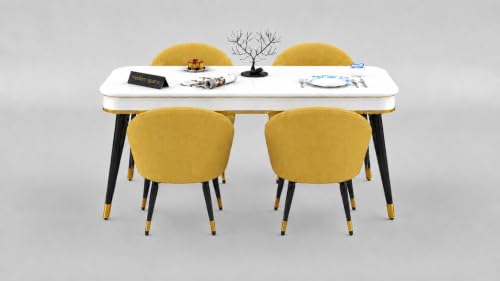 Image of WOODEN SPACE Majestic 4 Seater Wooden Dining Table Set | Urban Marble Top Dining Table with Chairs for Dining Room & Kitchen (Modern Classic Yellow) (54 x 36 x 30 inch)