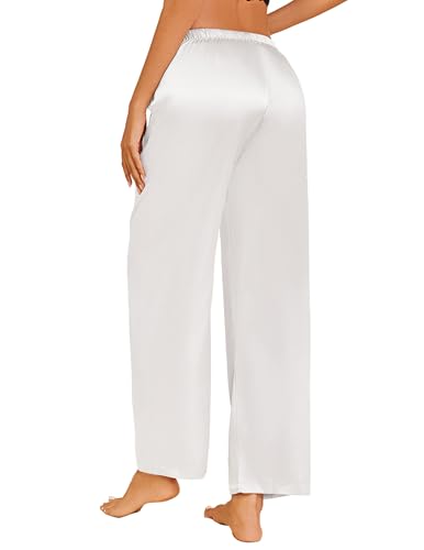Image of Ekouaer Womens Silk Satin Pajama Lounge Pants Sleep Pj Bottoms with Pockets | Silky,Loose Wide Leg,Drawstring Elastic Waist,Casual,Loose,Elegant
