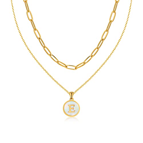18k Gold Layered Initial Necklaces,Cute Capital Shell Letter Necklaces for Teen Girls ,Gold Coin Pendant Stainless Steel Initial necklaces for Women Jewelry(Double-E)