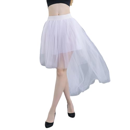 Womens Elastic Waist High and Low Tulle Long Skirt Multilayered Mesh Overskirt Tutus Skirts for Wedding Evening Party White
