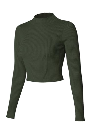 Image of MixMatchy Women's Basic Long Sleeve Mock Neck Ribbed Sweater Fitted Crop Knit Pullover Tops