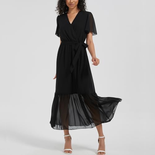 Image of Women's Summer Bohemian Floral Chiffon Dress Cap Sleeve V Neck Ruffle Long Flowy Boho Casual Vacation Dresses