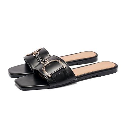 Image of INNERSECT CO Women's Buckle Flat Mule Sandals - Backless Slip-On Open Toe Sandals for Smart Casual Summer Everyday Wear (BLACK, Adult, Women, 6, Numeric, UK Footwear Size System, Medium)