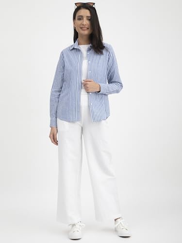 Image of FableStreet Women Shirt | Striped Long Sleeve Polo Collar Button Down | Breathable Linen Blend Fabric | Business Casual & Formal Wear