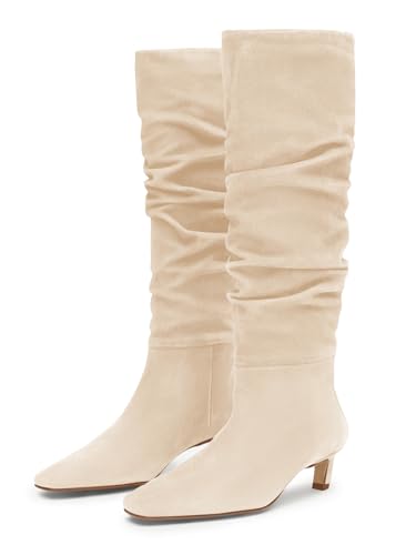 Coutgo Womens Slouchy Knee High Boots Low Kitten Heel Square Toe Tall Boots Fall Winter Shoes