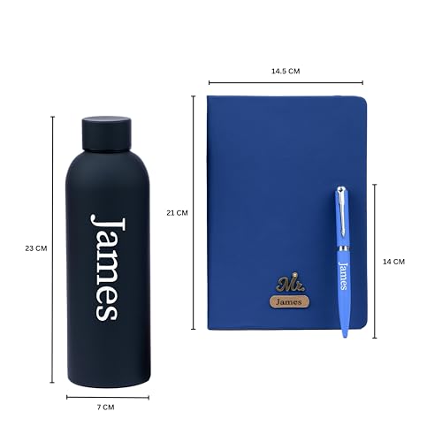 Image of Personalized Name & Charm On Diary Pen & Bottle 3pcs Combo Gift Set for Men & Women Customized Corporate Office Farewell Birthday Gift for Employees Corporate Gift for Clients, Combo Gift Set For Family and Friends (Blue)