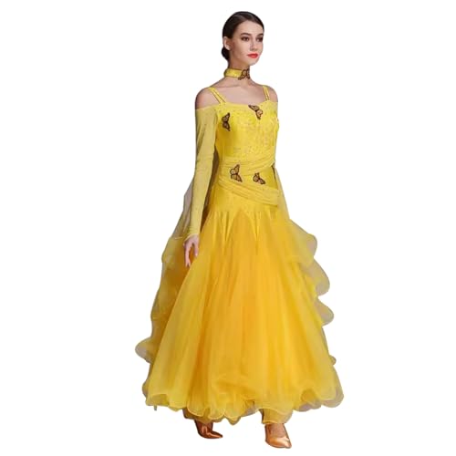 OFKNKGDT Women's Ballroom Dance Dress Waltz Tango Performance Skirt Exquisite Flamenco Salsa Dancing Competition Clothing,Yellow,XXL