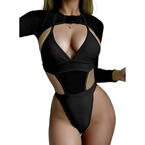 STKOOBQ Body feminino de 2 peças de malha de manga comprida com fivela para festival clube masculino