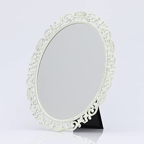 Mimosa Moments Pierced Scroll Oval Metal White Frame Mirror,Freestanding Desk Vanity Makeup Mirror,Living Room, Bedroom, Bathroom Countertop Home Décor Simple Shaving Makeup Mirror On Tabletop Or Wall #TOP2