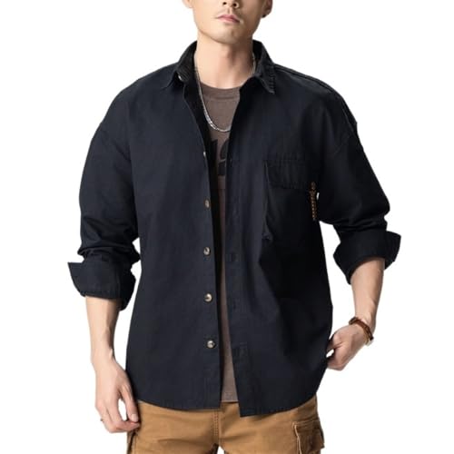 Men's Oversized Button Down Shirt Jacket 100% Cotton Lapel Work Overshirt with Flap Pockets