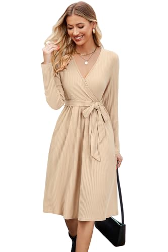 Newshows Women's 2023 Winter Long Sleeve Sweater Dress Maternity V Neck Casual Tie Waist Ribbed Knit Baby Shower New Year Eve Dress with Pockets(Apricot, S)