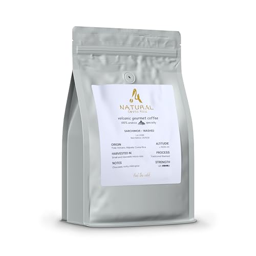 Café especialidad Sarchimor en grano 100% Arábica cultivo de altura grano de oro origen volcánico activo Costa Rica tueste medio tostado reciente proceso secado al sol empaque bolsa hermética 900 g