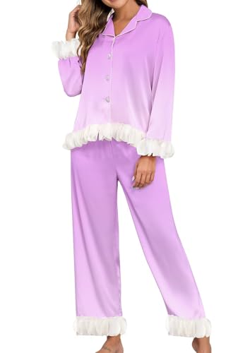 Image of Brosloth Womens Silk Pajamas Set Long Sleeve Satin Button Up Sleepwear | Cute Soft Fall Pjs Sets, Lace 2 Piece Lounge Set, Elegant Bridesmaid Pajama, Skin Friendly Sleepwear for Wedding, Honeymoon