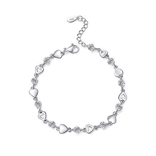 EXGOX Bracelet en Argent Sterling Pour Femmes - Bracelet Délicat en Forme de Cœur en Argent 925, Orné de Cristaux Brillants Bracelet Love Heart réglable avec diamant pour femmes et filles