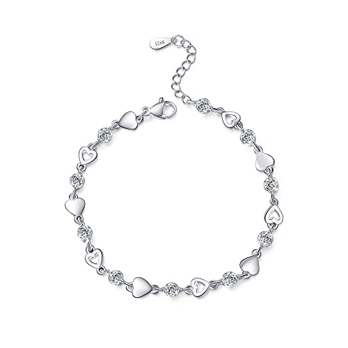 EXGOX Sterling Silver Bracelet for Women Dainty 925 Silver Heart Bracelet Shiny Crystal Diamond Adjustable Love Heart Bracelet for Women Girls