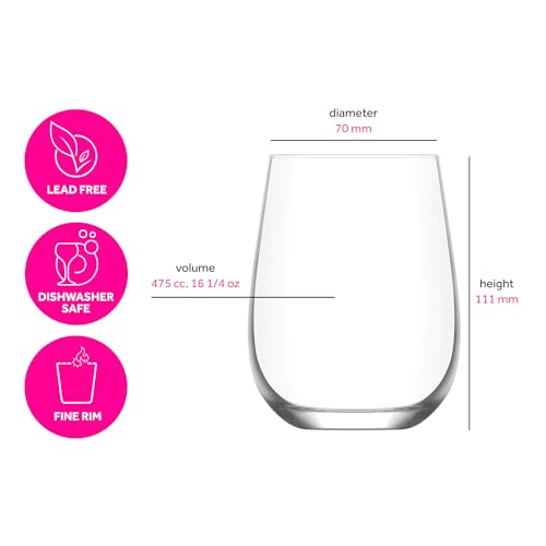 LAV Stemless Red & White Wine Glasses Tumbler Set of 6 - Drinking Glassware for Water Champagne Martini Mimosa Prosecco Cocktail Sangria - Short 16 oz No Stem Glasses Dishwasher Safe - Image 5