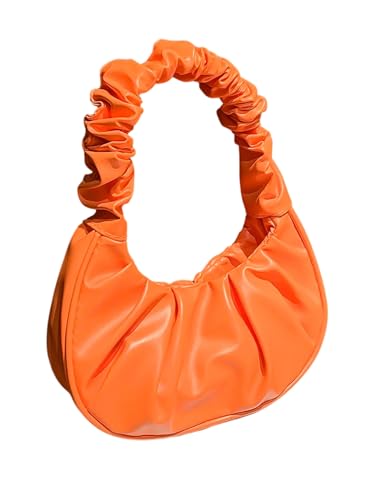 Women Ruched Top Handle Bag Fashion Crescent Underarm Shoulder Purse Hobo Bag Soft PU Leather Bag Party Daily Casual Orange One Size