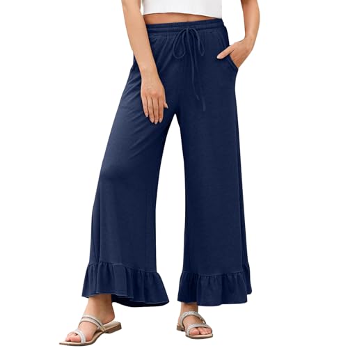 Womens Wide Leg Pants Drawstring Elastic High Waisted Ruffle Hem Pants with Pockets Casual Flowy Beach Pants Culottes