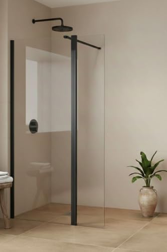 SOULHOME Mampara de ducha fijo + abatible 180º - Transparente - Cristal 8 mm Antical - Negro - Ancho 140cm (100cm fijo + 40cm abatible) – H= 200cm