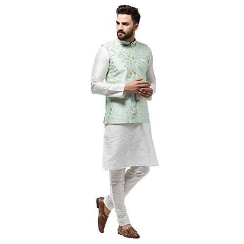 Image of SOJANYA (Since 1958, Men's Silk Blend Grey Kurta Pyjama & Silk Blend Jacket Combo