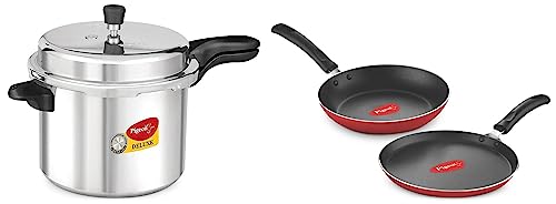 Image of Pigeon by Stovekraft Deluxe Aluminium Outer Lid Pressure Cooker, 7.5 Litres, Silver & Pigeon Aluminium Nonstick Duo Pack Flat Tawa 250 and Fry Pan 200 Gift Set (Red)