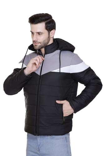 Image of Men's Navy Blue and Grey Hooded Puffer Jacket, Quilted, Zip Front