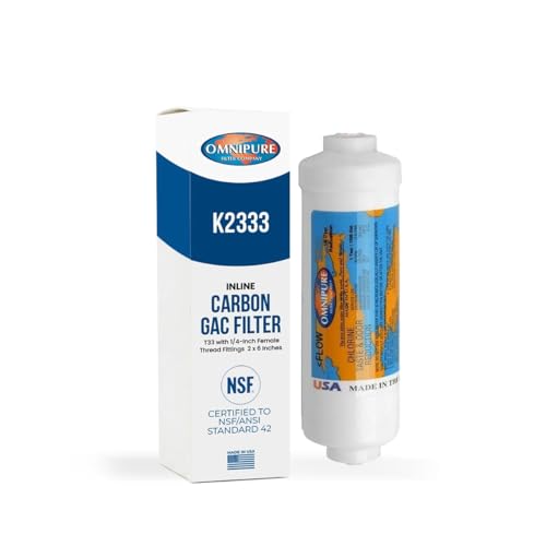 Omnipure K2333 Inline Carbon Water Filter 3/8 Inch Quick Connect GAC T33 2 x 6 Inch Cartridge for RO...