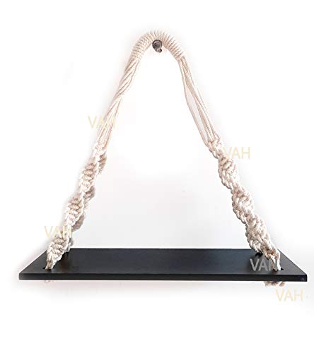 Image of VAH Wall Hanging Shelf, 1 Black Wood Floating Shelves for Wall Rustic Rope Shelves Plant Shelf Farmhouse Decor for Living Room Bathroom Bedroom Kitchen Apartment -Wood Hanging Shelf Bohemian