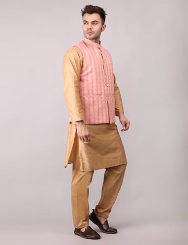 Image of Men's Cotton Silk Blend Regular Kurta Pyjama, Embroidered Nehru Jacket /Waistcoat Set