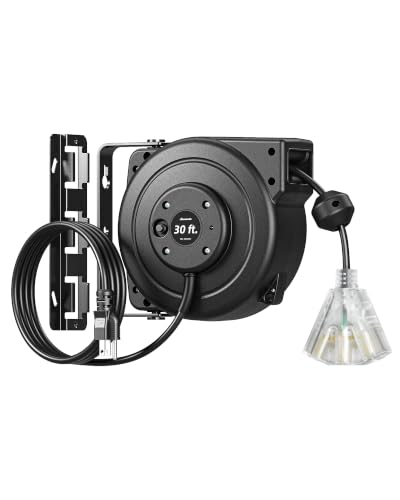 DEWENWILS 30FT Retractable Extension Cord Reel 16/3C SJTOW Heavy Duty Power Cord Lighted Triple Outlets 10A Circuit Breaker Lightweight 180 Swivel Bracket Ceiling/Wall Mount ETL Listed Black